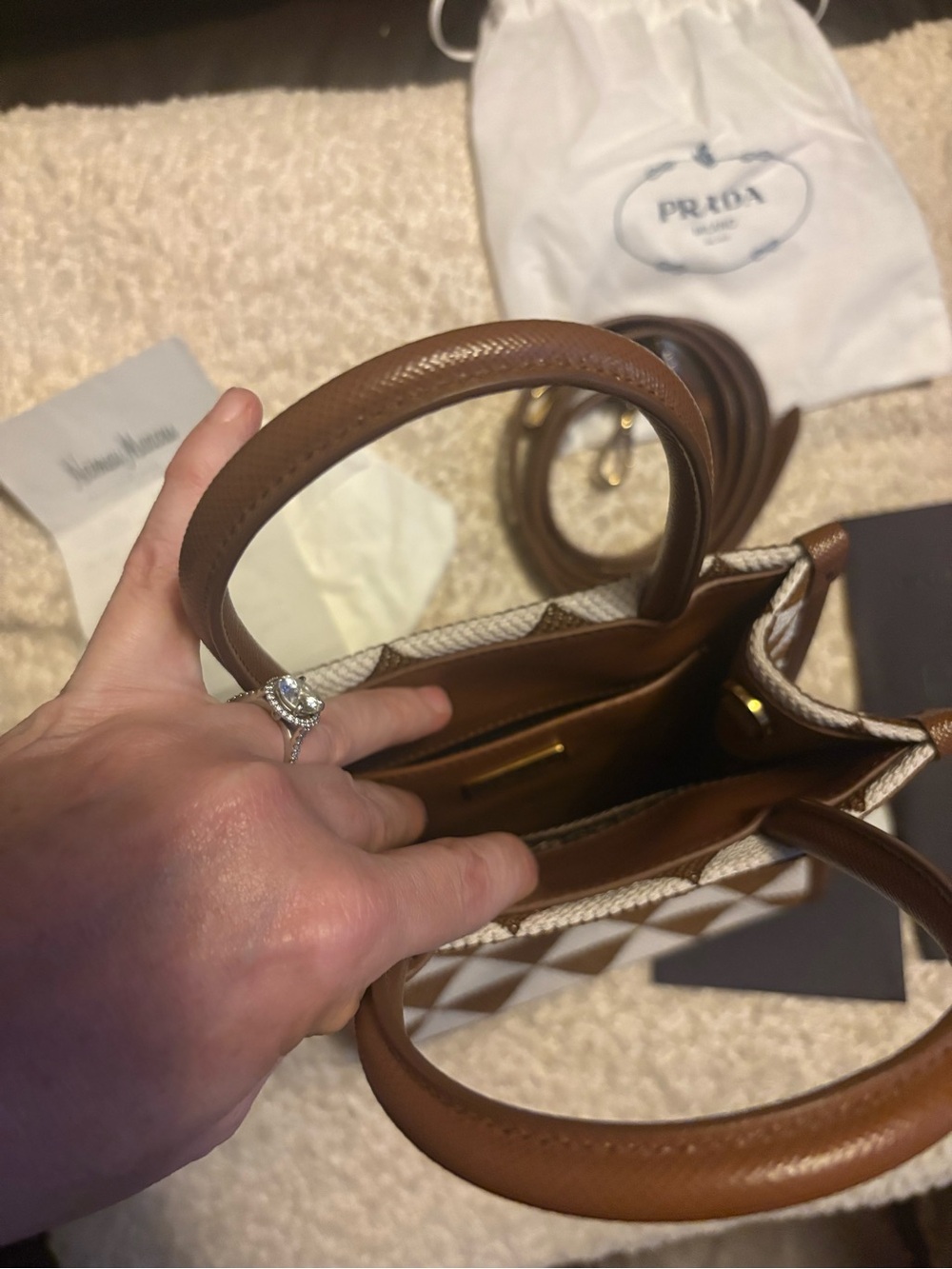 Prada Brown & White Geometric Canvas Satchel with Leather Trim - Picture 4 of 5